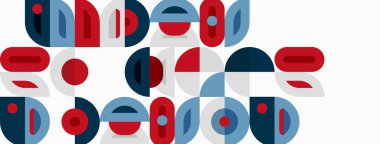 Soyut geometrik şekiller, mavi, kırmızı, gri renkler. Minimalist tasarım, tekrarlayan kalıplar, modern estetik. Temiz çizgiler, basit formlar..