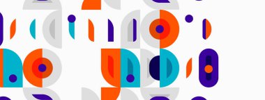 Abstract geometric pattern. Circles, arcs, rectangles create playful composition. Bright colors dominate design. Minimalist aesthetic.
