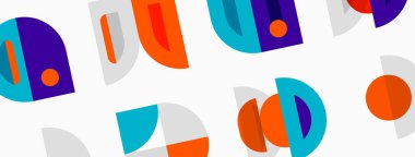 Soyut geometrik şekiller çakışıyor, renkli desenler yaratıyor. Parlak renkler modern estetik sunarak tasarıma hükmediyor.