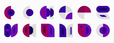 Soyut geometrik şekiller, mor renkler, beyaz arkaplan. Minimalist tasarım, dairesel şekiller, çeşitli düzenlemeler. Modern estetik.