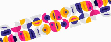 Soyut geometrik şekiller çakışıyor, renkli desenler yaratıyor. Parlak renkler beyaz arkaplana hakim. Modern tasarım elemanları.