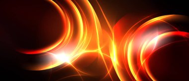 Soyut enerji akışı, canlı turuncu renkler baskın gelir. Parlak ışık kaynağı dinamik görsel etki yaratır, koyu arkaplan karşıtlığı artırır.