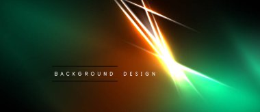 Soyut arkaplan parlak neon çizgileri, gradyanlar içerir. Turuncu parıltı yeşil renkleri kesiştirip dinamik görsel efekt yaratır. Metin arkaplan tasarımı okur.