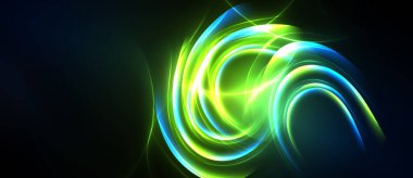 Parlak dönen ışıklar soyut enerji akışı yaratır. Canlı yeşil, mavi renkler koyu arkaplana hakim. Dinamik, modern görsel.