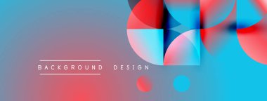 Abstract background features vibrant blue, red gradients. Overlapping circles, squares create dynamic composition. Modern design elements present.