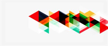 Soyut geometrik şekiller örtüşür, dinamik renkli desenler yaratır. Üçgenler kompozisyona hakim, hareket ve derinlik öneriyor..