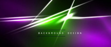 Soyut neon hatları canlı bir arkaplan yaratır. Mor, yeşil renkler koyu uzaya hakim. Dijital projeler için modern tasarım ögesi.