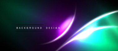 Soyut arkaplan hareketli eğriler ve gradyanlar içerir. Mor, yeşil, deniz mavisi renkleri kusursuz bir şekilde harmanlanır. Dijital projeler için modern tasarım ögesi.