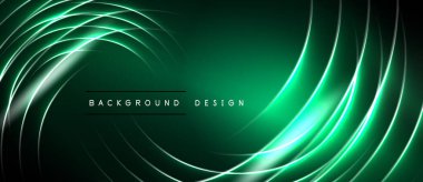 Koyu yeşil arkaplan kıvrımlı neon hatları. Parlak parıltı, dinamik görsel efekt yaratır. Dijital projeler için modern tasarım ögesi.
