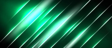 Soyut yeşil çizgiler dinamik çapraz desen oluşturur. Merkezi bölgeden parlak bir ışık yayılıyor, bu da enerji ya da hareket olduğunu gösteriyor. Koyu arkaplan karşıtlığı artırır.