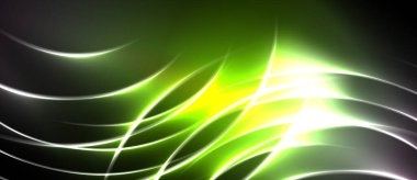 Parlak soyut çizgiler dinamik eğriler oluşturur. Yeşil, sarı renkler koyu arkaplana hakim. Işık yayılır, enerjik görsel etki yaratır..