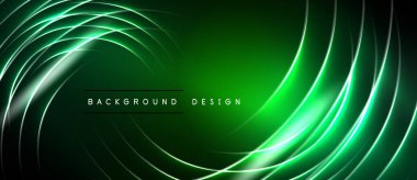 Soyut yeşil arkaplan kıvrımlı neon çizgileri. Dinamik bileşim modern görsel efekt yaratır. Orta metin arkaplan tasarımı okur.