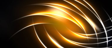 Parlak turuncu çizgiler koyu arkaplanda dönüyor. Işık merkezi noktadan yayılır, dinamik görsel efekt yaratır.