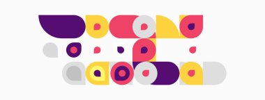 Soyut geometrik şekiller, daireler, mor, sarı, kırmızı, lavanta. Minimalist tasarım, düz çizim, modern estetik.