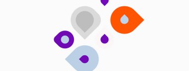 Soyut tasarım renkli damlacık şekilleri içerir. Minimalist kompozisyon, beyaz arka planda mor, turuncu, gri renkler kullanır. Basit, modern estetik..