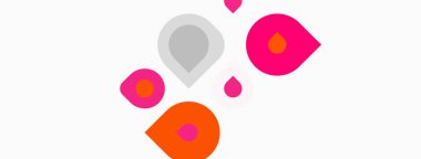 Soyut şekiller, canlı renkler, basit tasarım. Beyaz arka planda pembe, turuncu, gri elementler. Modern, eğlenceli kompozisyon.