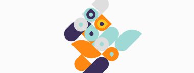 Soyut geometrik şekiller çakışıyor ve eğlenceli bir kompozisyon oluşturuyor. Renkler arasında turuncu, mor, deniz mavisi, gri yer alıyor. Minimalist tasarım, modern estetik.