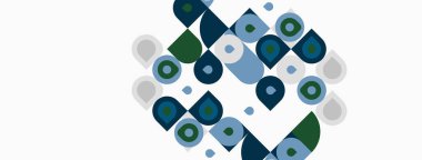 Soyut geometrik desen. Çemberler, kareler, şekiller modern tasarım yaratarak örtüşüyor. Renkler arasında mavi, yeşil, gri renkler.