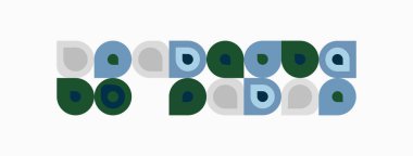 Geometrik desen daireler, kareler, dikdörtgenler içerir. Renkler arasında yeşil, gri, koyu mavi, açık bej yer alıyor. Minimalist tasarım, tekrarlayan elementler.