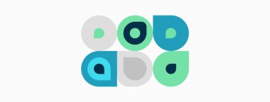 Soyut geometrik desen. Çemberler, kareler uyumlu bir tasarım yaratıyor. Teal, açık mavi, gri renkler kompozisyona hakim. Minimalist estetik.