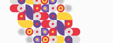 Soyut renkli çemberler, kareler kesişiyor. Modern tasarım, neşeli kompozisyon, canlı renkler dinamik görsel doku oluşturur.