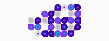 Mor, gri daireler kullanarak soyut desenler. Şekiller örtüşüyor ve ilginç bir görsel doku oluşturuyor. Beyaz arkaplanda minimalist tasarım.