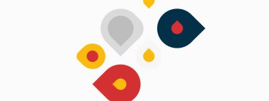 Beyaz arka plana dağılmış renkli damlacıklar. Basit şekiller soyut tasarım yaratır, modern estetik. Minimalist kompozisyon.