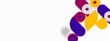 Soyut renkli şekiller beyaz uzayla örtüşüyor. Modern tasarım elementleri dinamik görsel etki yaratır. Basit geometri kompozisyona hakim olur.