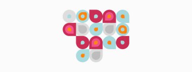 Soyut geometrik şekiller, daireler, kareler, dikdörtgenler. Pastel renkler kompozisyona hükmediyor, eğlenceli desenler yaratıyor. Minimalist tasarım.