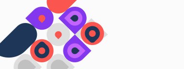 Soyut renkli çemberler, kareler üst üste biniyor. Modern tasarım elementleri dinamik görsel kompozisyon oluşturur. Basit şekiller, canlı renkler..