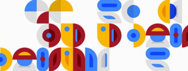 Soyut geometrik şekiller çakışıyor. Renkler arasında mavi, sarı, kırmızı, gri var. Kompozisyon modern, neşeli, dinamik hissettiriyor.