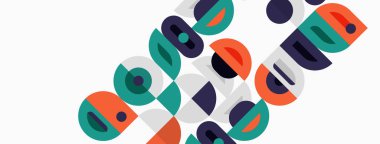 Soyut geometrik şekiller çakışıyor, renkli desenler yaratıyor. Çemberler, kareler, dikdörtgenler birbirine kenetlenir, dinamik bileşim oluştururlar. Modern tasarım elemanları.