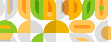 Soyut geometrik desen. Üst üste binen daireler, ovalar orta çağ modern estetiği yaratıyor. Yumuşak renkler kompozisyona hakim.