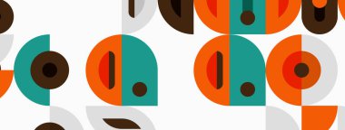 Geometrik desen daireler, kareler, dikdörtgenler içerir. Renkler arasında turuncu, deniz mavisi, kahverengi ve gri yer alıyor. Minimalist tasarım modern estetik yaratır.