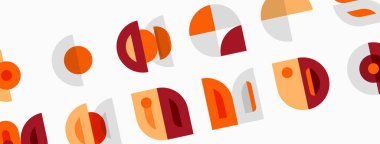 Soyut geometrik şekiller, sıcak renkler tasarıma hakim. Çemberler, kıvrımlar, segmentler oyuncu desenler yaratır. Minimalist estetik.