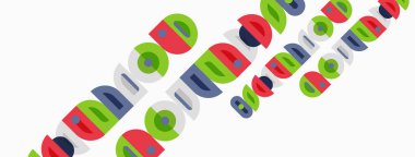 Renkli daireler, kareler, dikdörtgenler kesişiyor. Parlak renkler neşeli desenler yaratır. Basit geometrik şekiller kompozisyona hakim.