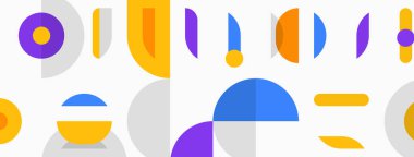 Soyut geometrik şekiller, canlı renkler, üst üste binen formlar oyuncu kompozisyon oluşturur. Modern tasarım ögeleri dijital sanat tarzını önerir.