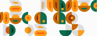 Abstract geometric pattern. Shapes overlap, creating playful visual texture. Orange, green, gray dominate composition. Minimalist design.
