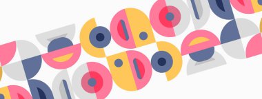 Soyut model. Tekrarlayan daireler, kareler, dikdörtgenler. Pastel renkler tasarıma hakim. Minimalist estetik, modern his.