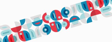 Soyut geometrik şekiller, renkli daireler, dikdörtgenler, çizgiler. Minimalist tasarım, tekrarlayan desen, modern estetik. Parlak renkler, düz çizimler..