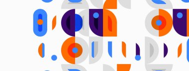 Abstract geometric pattern. Circles, ovals, rectangles repeat. Orange, blue, purple hues dominate design. Minimalist style.