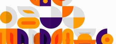 Soyut geometrik şekiller, turuncu, mor, gri. Modern tasarım, üst üste binen formlar dinamik kompozisyon yaratır. Minimalist estetik.