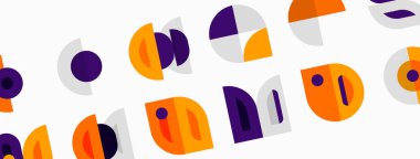 Soyut geometrik şekiller, turuncu, mor, gri. Tekrarlayan desenler modern görsel doku yaratır. Basit biçimlerde oyuncu tasarım ögeleri önerilir.