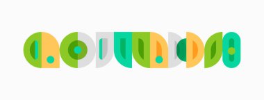 Renkli soyut şekiller kelime bulut kodu oluşturur. Yeşil, sarı, deniz mavisi renkleri dizaynda baskın. Minimalist tarz, temiz çizgiler modern estetik sunar.