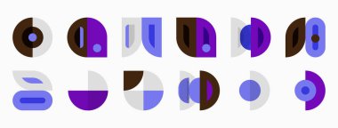 Soyut geometrik şekiller, mor tonlar baskın gelir. Daireler, dikdörtgenler, kıvrımlar eğlenceli bileşimler yaratır. Minimalist tasarım, modern estetik.