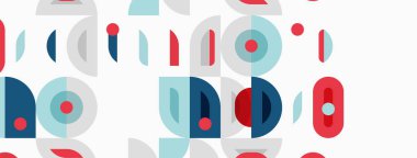 Abstract geometric pattern. Circles, ovals, lines create playful design. Blue, red, gray colors dominate composition. Minimalist aesthetic.