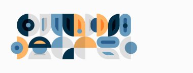 Soyut geometrik şekiller üst üste binerek orta yüzyıl modern estetiği yaratıyor. Renkler arasında mavi, turuncu, gri, bej yer alıyor. Minimalist tasarım.