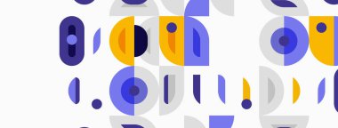 Abstract geometric pattern. Shapes include circles, ovals, rectangles. Colors are blue, purple, yellow, gray. Minimalist design.