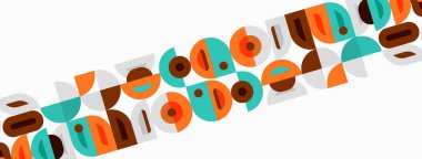 Soyut geometrik şekiller, renkli tasarım, tekrarlayan desenler, modern estetik. Minimalist kompozisyon, düz çizim, canlı renkler.