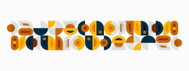 Soyut geometrik desen. Çemberler, yarı daireler, dikdörtgenler orta çağ modern estetiği yaratır. Sıcak renkler kompozisyona hakim.